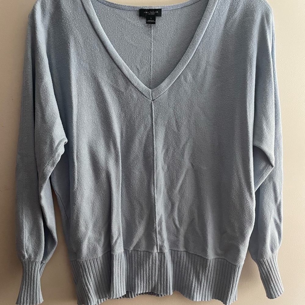 Ann Taylor Blue V-Neck Sweater Classic Knit